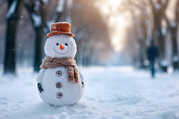 Obraz premium Snowman in City Park with Blurred Background
