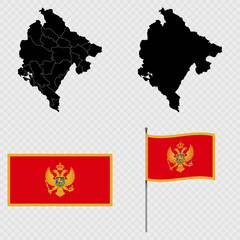 Set of maps, flag and flagpole of Montenegro. Vector illustration.