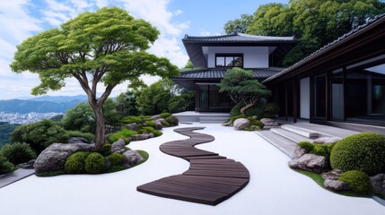 Serene garden with wooden path and lush greenery.