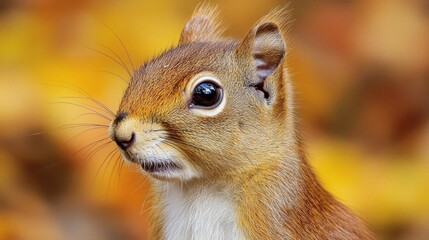 Obraz premium This Eurasian red squirrel captivates with its bright eyes and alert expression amidst a vibrant backdrop of golden autumn leaves, showcasing nature's beauty and playfulness