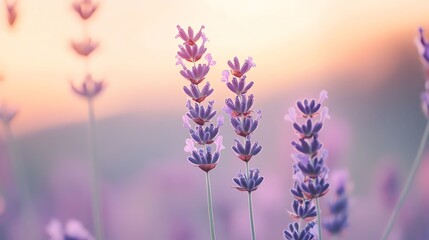 Obraz premium Lavender flowers in a field at sunset.