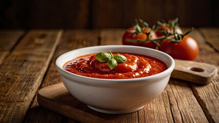 Bowl of fresh tomato sauce on wooden background, close up