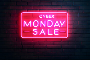 Obraz premium Neon Lettering ‘CYBER MONDAY SALE’ on Neon Brick Background - Vibrant and Eye-Catching Design for Online Shopping Promotions