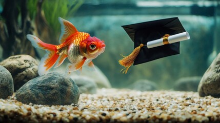 A playful goldfish in a tiny graduation gown and cap swims in a tank with a diploma floating beside it, creating a humorous scene