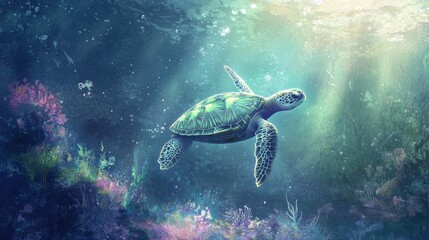 Obraz premium Graceful sea turtle swimming through vibrant coral reef underwater paradise oceanic view