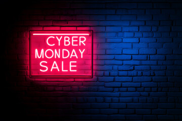 Neon Lettering &lsquo;CYBER MONDAY SALE&rsquo; on Neon Brick Background - Vibrant and Eye-Catching Design for Online Shopping Promotions