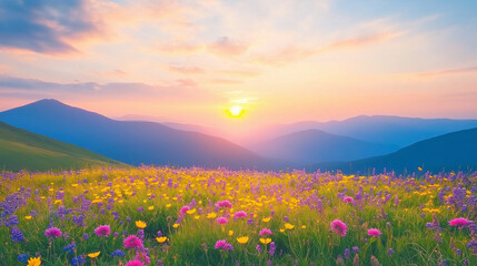 Fototapeta premium Golden Hour Meadow: A breathtaking landscape unfolds at sunrise, with vibrant wildflowers blooming across a rolling meadow. The sun casts a golden glow over the majestic mountains in the distance.