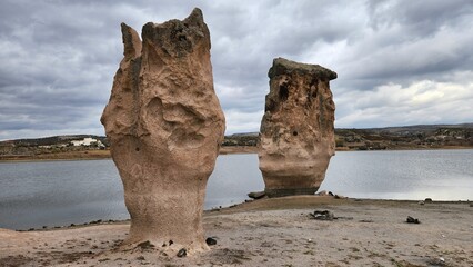 Striking rock formations by the side of Lake Emre in Phrygian valley near Doger in Afyonkarahisar...