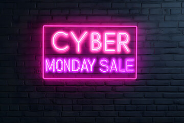 Obraz premium Neon Lettering ‘CYBER MONDAY SALE’ on Neon Brick Background - Vibrant and Eye-Catching Design for Online Shopping Promotions