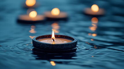 Glistening Candles Floating Softly on a Tranquil River Surface Under the Night Sky's Embrace. River, Water Reflection, Nostalgic Feel, Cute Concept