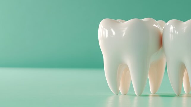 A realistic display of upper and lower teeth in a dental model against a gentle green background, promoting oral health awareness