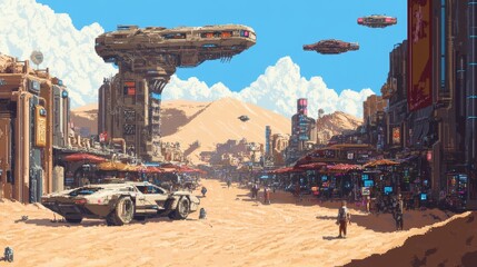 Futuristic desert cityscape pixel art futuristic buildings spaceships, retro scifi scene