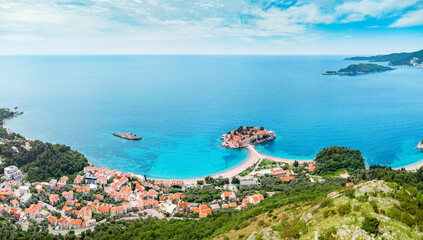 Scenic views of Sveti Stefan's peninsula in Montenegro, a stunning holiday destination with...