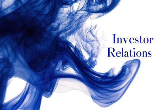 Abstract blue smoke-like swirls on a white background alongside the text 'Investor Relations', conveying a sense of corporate elegance and sophistication.