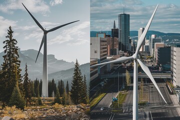 Dual landscapes of wind turbines in nature and urban settings with clear skies
