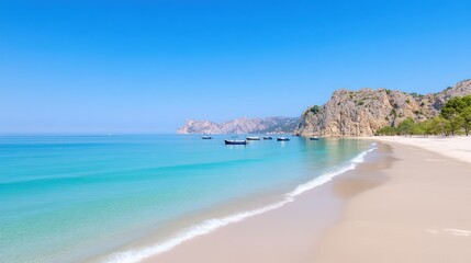 Obraz premium Serene beach scene with calm waters and distant boats.