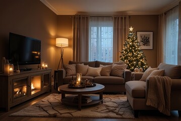 Cozy living room decorated for christmas with lit tree and ambient lighting