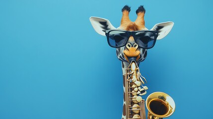 A cool giraffe wearing sunglasses plays the saxophone.