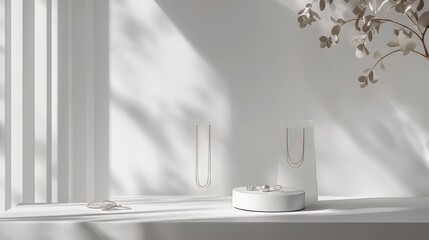 A minimalist jewelry display with delicate necklaces and rings on a white background. minimalist backgrounds. 