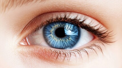 Close up blue eye iris eyelashes detailed human eye photo