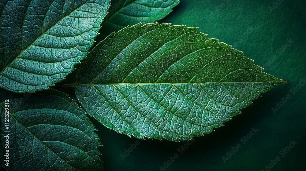 Aufkleber Close-up view reveals an array of dark green leaves showcasing rich textures and intricate patterns. The play of light accentuates the veins, celebrating nature's artistry