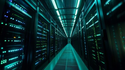 Fototapeta premium A brightly lit server room with rows of sleek, modern servers, blue and green LED lights flickering on the racks, cables neatly organized and running across the floor