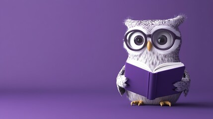 A cute cartoon owl wearing glasses reads a book.