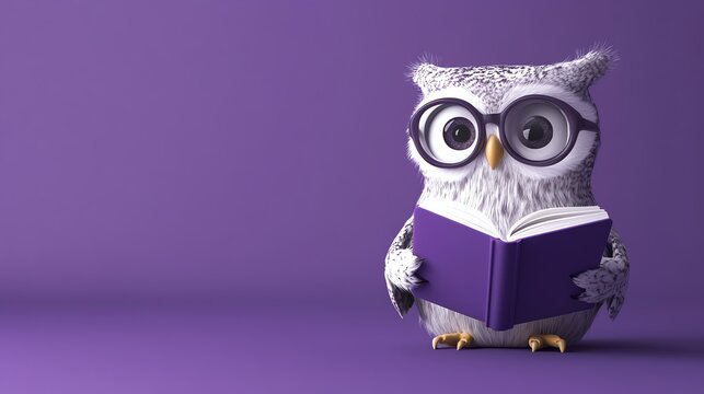 A cute cartoon owl wearing glasses reads a book.