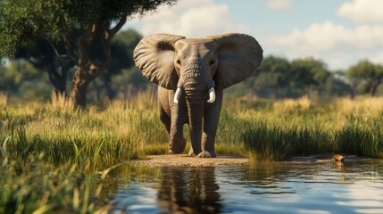 Fototapeta premium Africa, botswana, chobe national park, african elephant (loxodonta africana) stands at edge of water hole in savuti marsh. wildlife. 