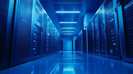 A brightly lit server room with rows of sleek, modern servers, blue and green LED lights flickering on the racks, cables neatly organized and running across the floor