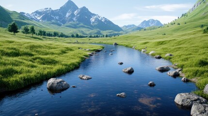 Serene landscape with a river and mountains under a clear sky.