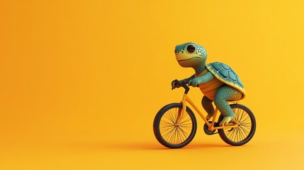 A cartoon turtle riding a bicycle against an orange background.