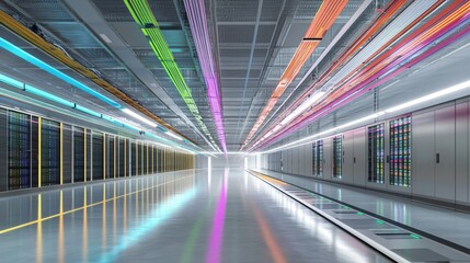 Fototapeta premium A brightly lit server room with rows of sleek, modern servers, blue and green LED lights flickering on the racks, cables neatly organized and running across the floor