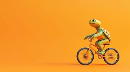 A cartoon turtle riding a bicycle against an orange background.