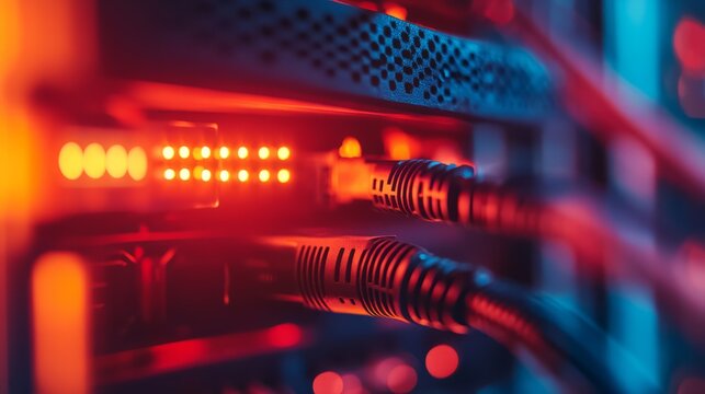 A close-up of a fiber optic cable connection in a server room, the cables glowing faintly with transmitted data, the lights of the servers flickering in the background