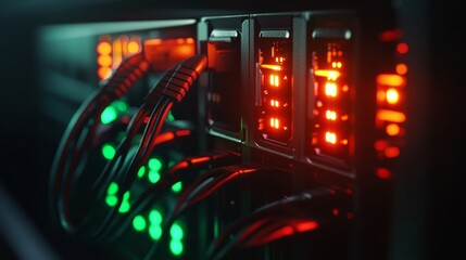 Obraz premium A close-up of a fiber optic cable connection in a server room, the cables glowing faintly with transmitted data, the lights of the servers flickering in the background