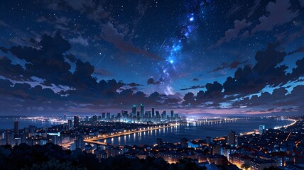 Fototapeta premium Image of a magnificent city and beautiful night sky