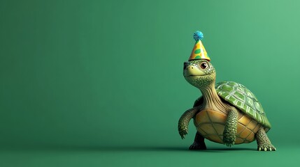 A cartoon turtle wearing a party hat on a green background.