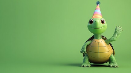 A cartoon turtle wearing a party hat and waving, against a green background.