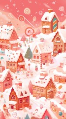 Pastel wallpaper of a candy-themed Christmas village with snowy gingerbread scenes