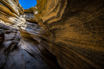 Geological rock formations in canyons around Montana Blanca, Lanzarote, Spain