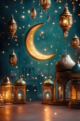 Obraz premium Ethereal Ramadan Night: Illuminated Crescent Moon and Intricate Lanterns