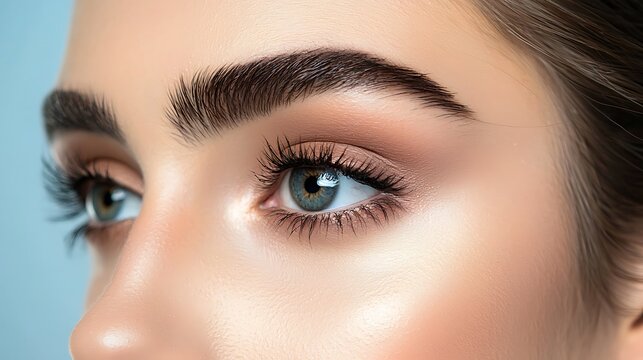 A woman with long eyelashes and a light brown eyebrow - Powered by Adobe