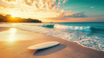 Surfer riding waves at sunset tropical beach outdoor adventure coastal paradise scenic view