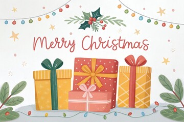 christmas card with gifts christmas trees with red and golden garlands into a forest with snowy flakes with shape of stars close to xmas gifts in red boxes