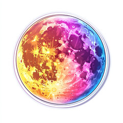 Colorful, vibrant moon illustration with a gradient of rainbow hues.