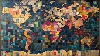 Fototapeta premium Vintage World Map Collage, Artistic Colorful Map Art, Retro Map Poster, World Travel Wall Art, Unique World Map Decor