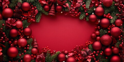 Obraz premium Vibrant Overhead View of Deep Red Christmas Themed Setting with Decorative Ornaments, Foliage, and Seasonal Elements for Festive Atmosphere