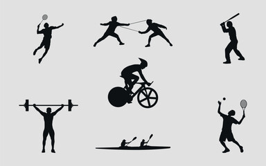 Black silhouettes of athletes from different sports. Vector on gray background