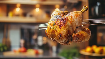 Air fryer with a rotisserie feature in action, cooking a whole chicken to golden perfection inside a bright modern kitchen